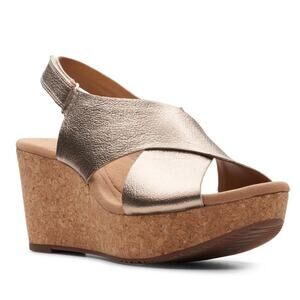 Clarks Annadel Eirwyn Metallic Thick Strap Wedge Sandal Gold Champagne Size 12